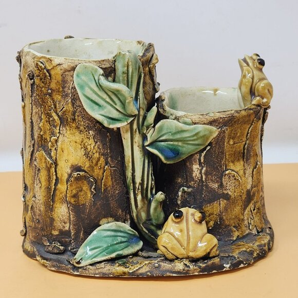 Vintage Majolica Style Ceramic Frog Tree Stump Art Pottery Planter - Picture 1 of 11